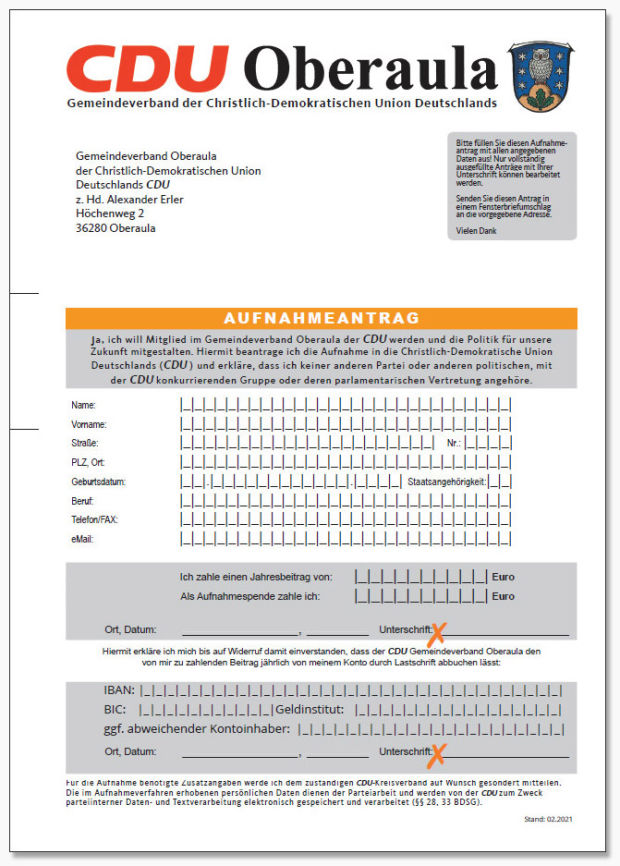 CDU Oberaula - Aufnahmeantrag 2022